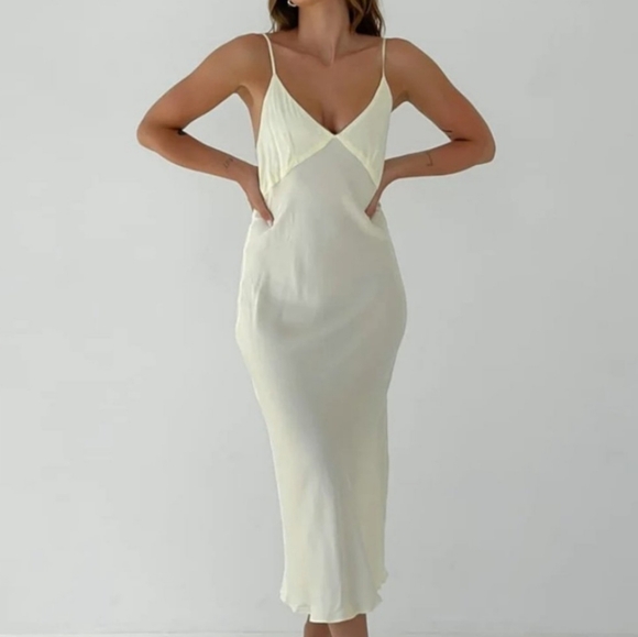 Rumored Riviera Butter Yellow V Neck Satin Midi Slip Dress - Picture 1 of 12